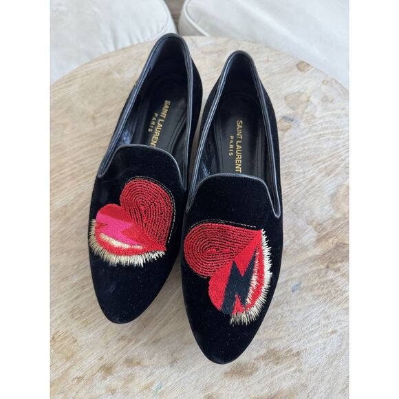 Yves Saint Laurent Shoes - YVES SAINT LAURENT Heart Amore Love Velvet Leather Flat Loafers Size 38